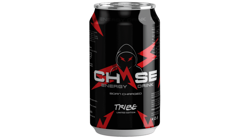 “CHASE Energy Drink Can — Born to Charge” “Performance energy drink made in India” “CHASE ingredients table — nutrition information” “Gamers and athletes using CHASE Energy Drink”